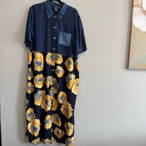 Carole Little Midi Dress Plaid Sunflower Patch Pocket Artsy Festival Boho 16W